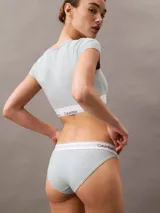 Bombacha de corte clásico con talle medio, confeccionada en una mezcla de algodón y modal. Presenta una cinturilla elástica distintiva con el logo de Calvin Klein estampado.