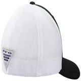 Gorra Columbia PFG Mesh Ball Cap en color negro con parte trasera de malla blanca, visera curvada y logo bordado en el frente.