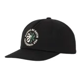 Gorra negra de 5 paneles, confeccionada en lona de algodón, con corona media sin estructura, visera curva y cierre ajustable. Presenta un bordado frontal exclusivo de Katin con texto circular en color blanco y motivo central en tonos blanco y verde.