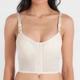 Top negro para post-operatorio de mamas confeccionado en tela de faja de alta contención, con broches delanteros reforzados y breteles elásticos regulables.