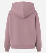 Buzo femenino de corte holgado, color malva, con capucha, manga larga con puños elásticos y bolsillo tipo canguro frontal.