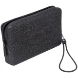 Mini bolso tipo sobre de la marca Havaianas, color negro con acabado brillante tipo glitter. Presenta una textura granulada característica de la marca, cierre superior con cremallera y una correa de muñeca extraíble.