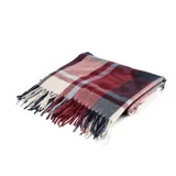 Bufanda larga rectangular con flecos, de tejido acrílico con estampado a cuadros en tonos hueso, rojo, azul y celeste.