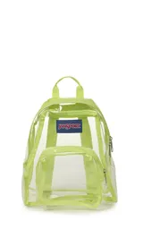 Mochila pequeña transparente de JanSport, con ribetes y correas en color verde lima brillante. Presenta un compartimento principal y un bolsillo frontal con cierre.