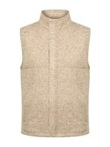 Chaleco de tejido jaspeado color beige con cuello alto y cierre frontal completo con tapeta. Cuenta con bolsillos laterales y sutil logo bordado en el pecho.