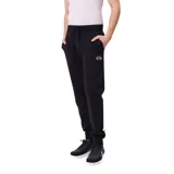 Pantalon tipo jogger de la marca Rusty, color negro, con cintura elástica ajustable mediante cordón, bolsillos laterales y puños elásticos en los tobillos. Presenta un pequeño logo bordado en la pierna izquierda.
