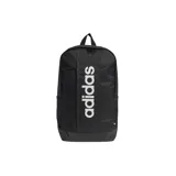 Mochila Adidas Linear unisex de poliéster reciclado color negro con logo Adidas en blanco. Cuenta con un compartimento principal con cremallera, bolsillo frontal con cremallera y bolsillos laterales de malla.