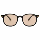 Lentes de sol con armazón carey de diseño redondo, con detalles metálicos dorados en las bisagras y cristales oscuros.