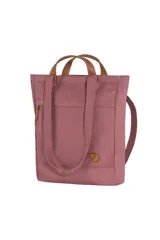 Bolso tote Fjallraven modelo Totepack No. 1, color Mesa Purple, con asas de cuero marrón y logo de la marca en el frente.