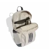 Mochila Adidas Apwr color beige con base y detalles en gris oscuro, cuenta con las tres líneas características de la marca estampadas en negro en la parte frontal.