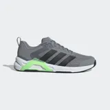 Championes de entrenamiento Adidas Dropset Control, color gris con detalles en negro y verde. Presentan ajuste ancho, mediasuela estable y sistema de torsión de TPU en el mediopié. El exterior es de tejido de malla.