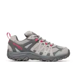 Zapatillas de senderismo Merrell Accentor 3 Low para hombre, color gris con detalles en rosa. Confeccionadas en ante y malla con membrana impermeable, puntera de goma protectora, cuello acolchado, plantilla extraíble de espuma EVA reciclada y suela de goma con agarre.
