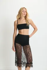 Pollera midi de encaje negro translúcido con terminación de puntilla en el ruedo. Presenta un diseño de tiro alto con cierre invisible lateral.