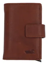 Billetera de cuero natural de primera calidad en color marrón, con diseño compacto, trabilla con cierre de broche y logo grabado en la esquina inferior. Cuenta con tecnología RFID para protección de datos.