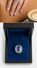 Anillo de plata 925 con diseño artesanal de estilo étnico, presenta una piedra central ovalada de color azul intenso rodeada por una estructura de círculos texturizados y detalles trenzados.
