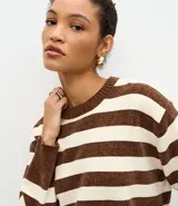 Suéter de cuello redondo confeccionado en tejido de chenille con diseño de rayas horizontales. Presenta mangas largas con puños acanalados y bajo ajustado, ofreciendo una textura suave y aterciopelada.