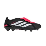 Championes de fútbol Adidas Predator League FG, color negro con detalles en blanco y rojo. Presentan un diseño con lengüeta plegable y las icónicas tres tiras de la marca en el lateral.