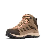 Bota de senderismo para mujer marca Columbia, modelo Crestwood Mid WTPF en color marrón con detalles en rosado. Cuenta con empeine de cuero y malla impermeable, tecnología Omni-Tech para mayor protección contra el agua, entresuela TechLite que ofrece amortiguación y suela Omni-Grip para tracción en diversos terrenos.