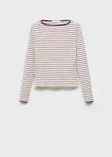 Camiseta de algodón con estampado de rayas horizontales, cuello barco y mangas largas con puños abotonados.