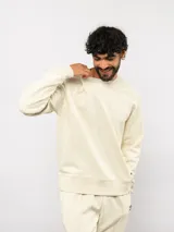 Buzo de cuello redondo color beige, confeccionado en felpa suave, con diseño de corte relajado y etiqueta con logo en el frente.