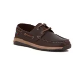 Zapato náutico de cuero color marrón oscuro, con cordones marrones y suela marrón clara.