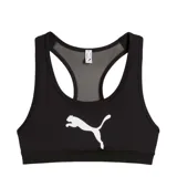 Top deportivo Puma modelo 4Keeps Bra, color negro con logo de la marca estampado en blanco en el frente. Presenta diseño de espalda estilo nadadora con panel de malla para mayor ventilación.