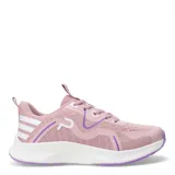 Championes deportivos Push, color gris claro con detalles en violeta y rosa. Presentan una suela blanca con detalles en violeta en la parte inferior.
