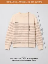 Sweater de tejido de punto en color beige con diseño de rayas horizontales en tono más oscuro. Presenta cuello redondo y mangas largas con puños ajustados.