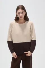 Sweater de punto con diseño color block, combinando azul marino en la parte superior y celeste en la inferior. Presenta cuello redondo a la base y mangas largas con terminación en puño.