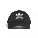 Gorra Adidas negra con diseño clásico de seis paneles, visera curva y el logo del Trifolio y la marca bordados en blanco en el frente.