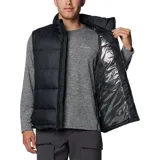 Chaleco acolchado Columbia de color negro con cierre frontal completo, cuello alto y tecnología Omni-Heat™ para retención de calor. Cuenta con bolsillos laterales con cierre y logo de la marca bordado en el pecho.