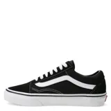 Championes Vans modelo Old Skool, de diseño clásico urbano en color negro con la icónica franja lateral blanca. Confeccionados en una combinación de lona y gamuza, cuentan con punteras reforzadas, cuello acolchado y suela de goma con diseño waffle.