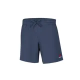 Short azul marino de felpa francesa, corte cuadrado, con cintura elástica ajustable con cordón y logo de New Balance bordado en rojo en la pierna izquierda.