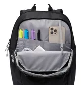 Mochila Columbia modelo Buxton de 26 litros, color negro, con múltiples compartimentos, funda para portátil y detalles funcionales.