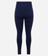 Calza legging deportiva azul marino de microfibra, con cintura ancha, bolsillos laterales y recorte en el bajo.