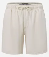 Bermuda de jean para hombre, color gris oscuro con efecto acid wash, cintura elástica con cordón de ajuste, bolsillos y tag aplicado.