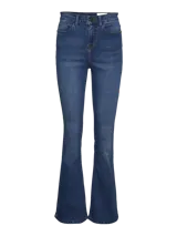 Jean flare de tiro alto, color azul oscuro, con cierre de botón y cremallera, y diseño elastizado de corte acampanado.