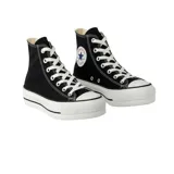 Zapatillas Converse Chuck Taylor All Star de caña alta, color negro, con plataforma blanca y cordones blancos.