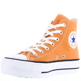 Championes de caña alta Converse modelo Chuck Taylor Lift, con plataforma, confeccionados en lona color naranja con cordones blancos y puntera de goma.