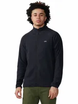Campera polar de hombre Mountain Hardwear modelo Microchill Full Zip, color negro, con cierre frontal completo, cuello alto y bolsillos laterales con cierre. Confeccionada en poliéster reciclado, cuenta con mangas raglán y logo bordado en el pecho.