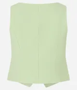 Chaleco corset de sastrería color verde claro, con escote en U, cierre frontal con cremallera, bolsillos falsos y bajo en V.