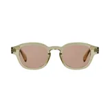 Lentes de sol con montura color verde oliva y cristales color rosa.