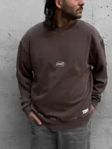 Buzo de cuello redondo en color marrón con efecto lavado, manga larga y logo pequeño estampado en el centro del pecho.
