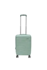 Valija carry on color verde agua, con diseño de líneas horizontales en relieve, cuatro ruedas multidireccionales y manija telescópica ajustable.