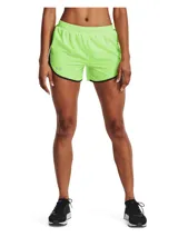 Short deportivo Under Armour, diseñado para running, en color verde neón con detalles en negro. Presenta un corte con bajo cruzado, cintura elástica con cordón interno, paneles de malla para ventilación y logo reflectante en el frente.