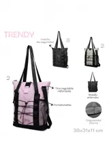 Mochila y bolso tipo tote bag de nailon negro con correas ajustables, cierre superior con hebilla, cordón elástico frontal y bolsillos laterales de red.