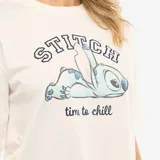 Conjunto de pijama de dos piezas compuesto por una remera de manga corta con estampa de Stitch y un pantalón largo de corte recto con diseño de rayas verticales finas y cintura elástica.