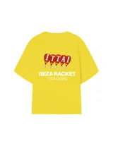 Remera color crema de corte oversize con estampado en la espalda que incluye cuatro paletas de pádel rojas con la palabra 'ITTAI' perforada, y texto debajo que dice 'IBIZA RACKET ITTAI STARS'.