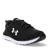 Championes de running Under Armour modelo Charged Assert 10, color negro con detalles en blanco. Presentan parte superior de malla transpirable con refuerzos sintéticos, tecnología de amortiguación Charged Cushioning en la entresuela y suela de goma resistente para mayor tracción.