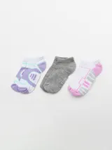 Pack de tres pares de soquetes tobilleros con diseños diferentes: un par gris liso, un par blanco con talón y puntera rosa y rayas grises, y un par blanco con detalles en lila y rayas.